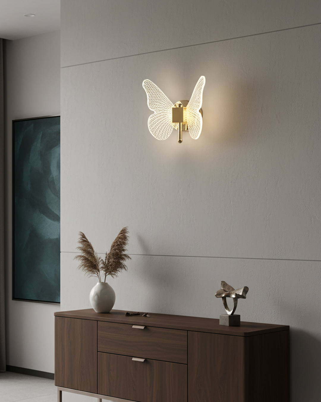 Swanart butterfly LED wall light with gold finish, warm white acrylic wings, modern decorative sconce for bedroom or living room.