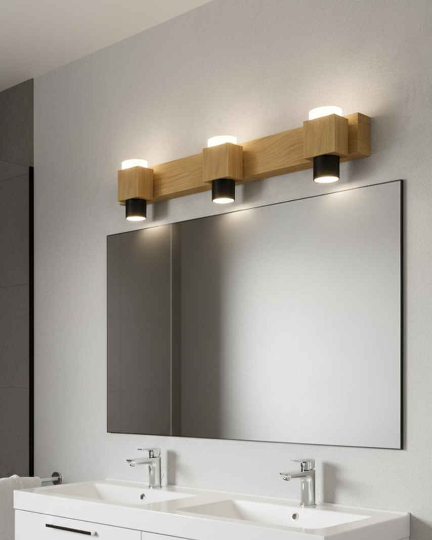 Swanart modern LED wall lamp with three wooden sconces and warm white lighting, ideal for bathroom vanity and dressing tables