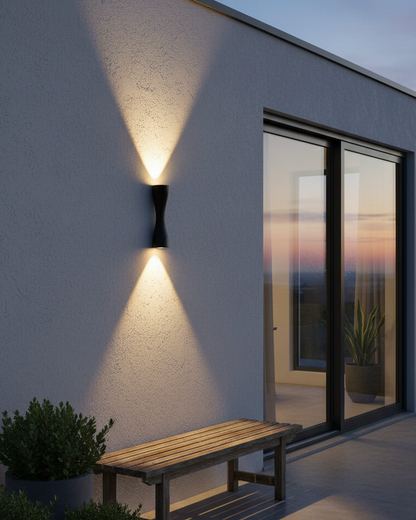 Swanart modern outdoor wall sconce with warm white LED light, waterproof aluminum fixture in black finish for porch or garden.