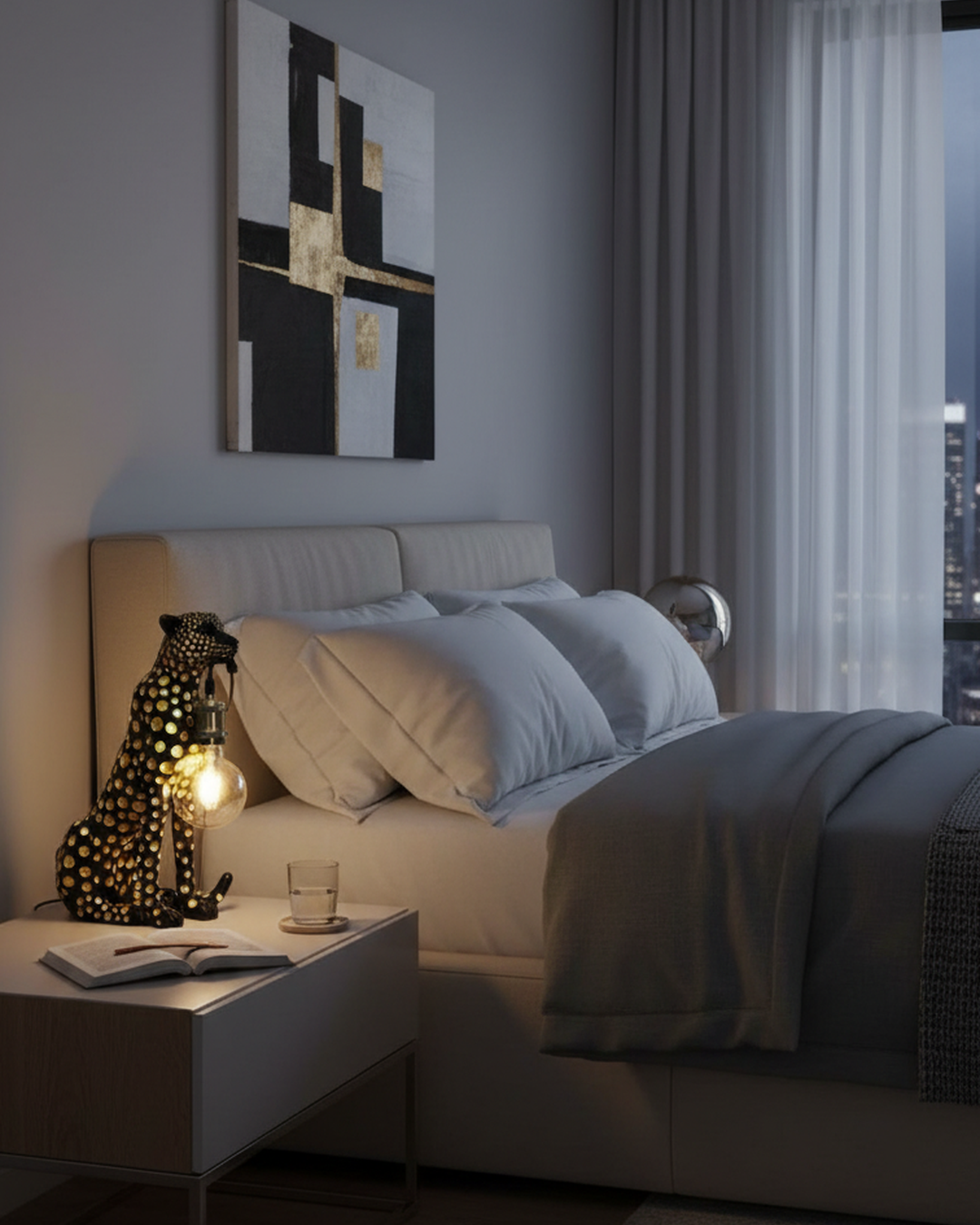 Swanart leopard table lamp with exposed bulb and cheetah figurine, modern animal-themed bedside or living room decor lighting.