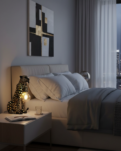 Swanart leopard table lamp with exposed bulb and cheetah figurine, modern animal-themed bedside or living room decor lighting.