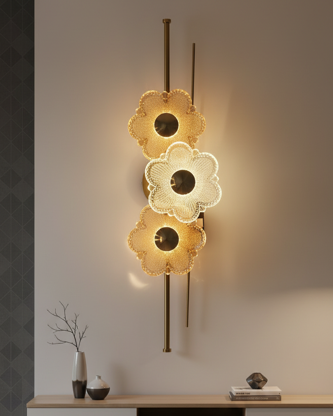 Swanart modern gold crystal wall light with floral glass design, elegant LED sconce for bedroom, living room, or hallway decor