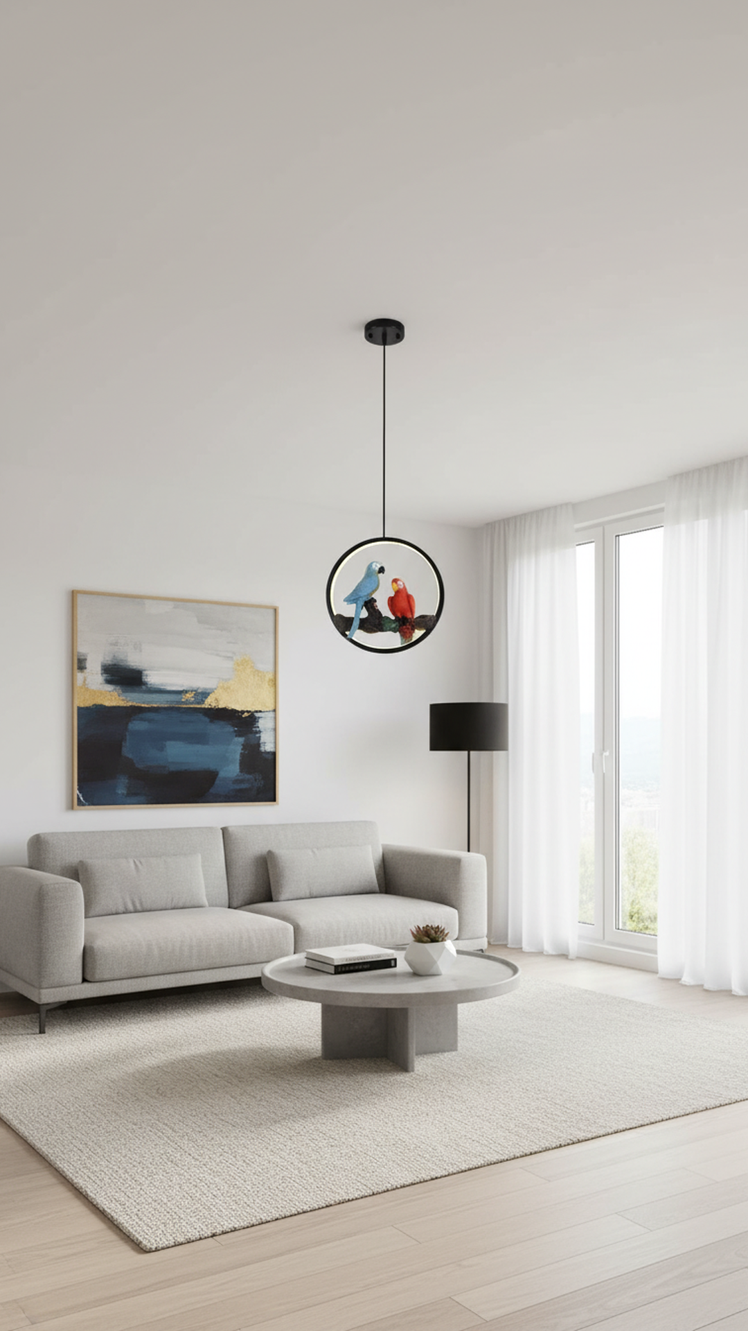 Swanart Parrot LED pendant light with circular ring design, hanging ceiling lamp featuring a decorative bird motif for modern home decor