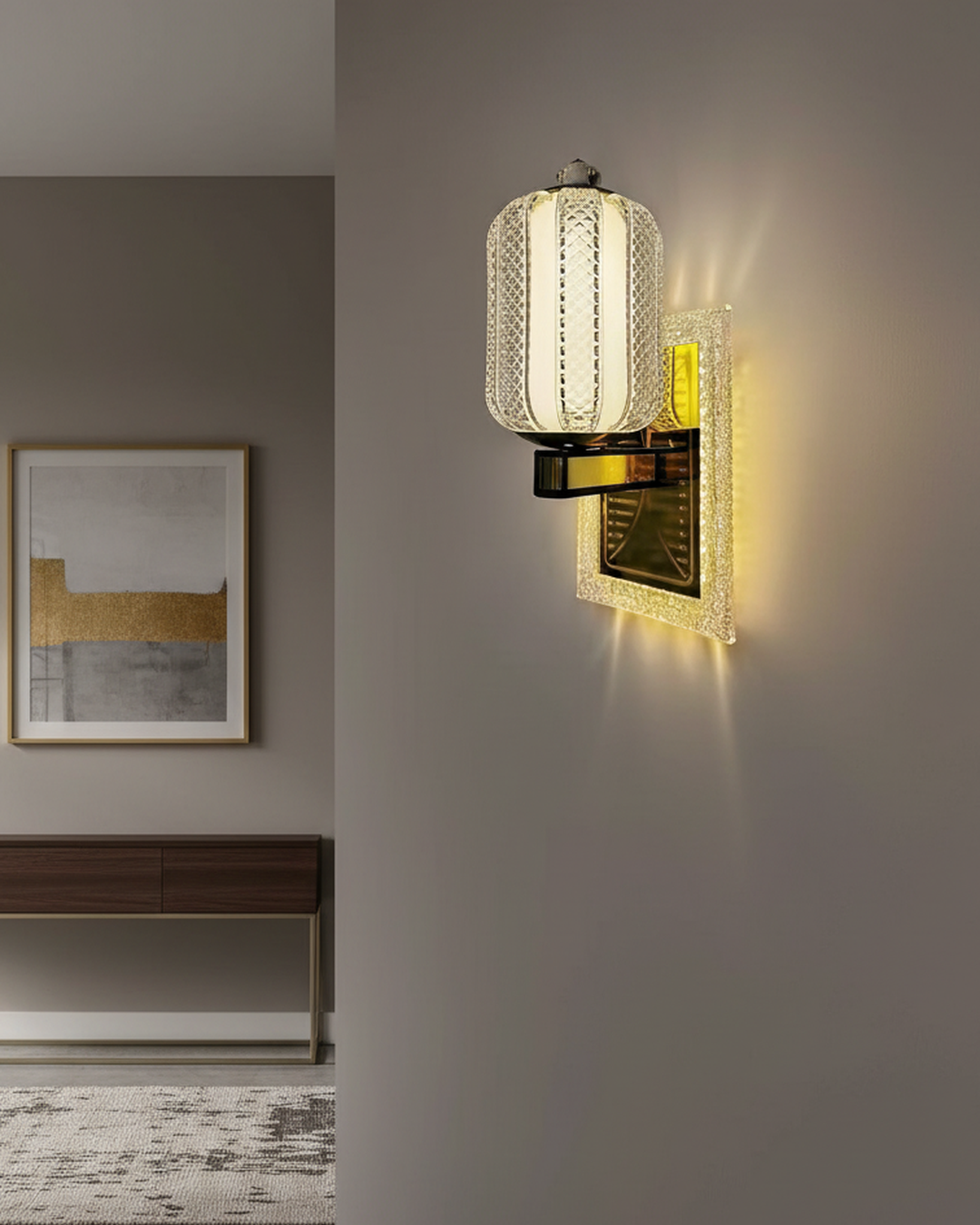 Swanart modern gold fiber LED wall sconce in a living room, elegant indoor designer lighting fixture for home décor.