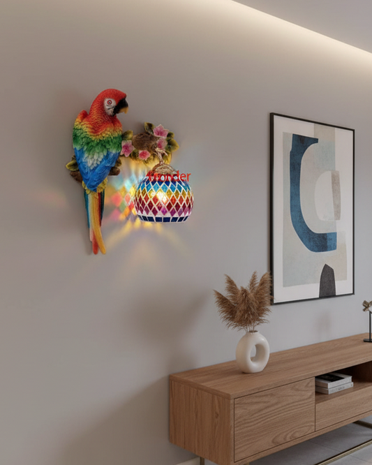 Colorful parrot mosaic wall light by Swanart with multicolor glass shade, artistic LED bird wall lamp for living room or bedroom decor.