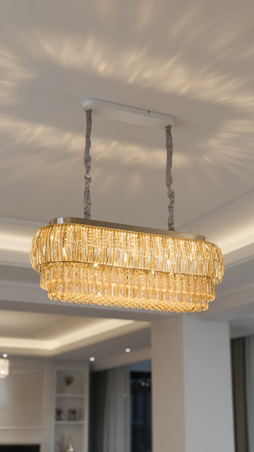 Swanart Luxury Rectangular Crystal Chandelier 95cm Modern LED Ceiling Hanging Light 4 Layer Gold Crystal Pendant Lamp for Dining Table Living Room Hotel Lobby Restaurant Decorative Lighting
