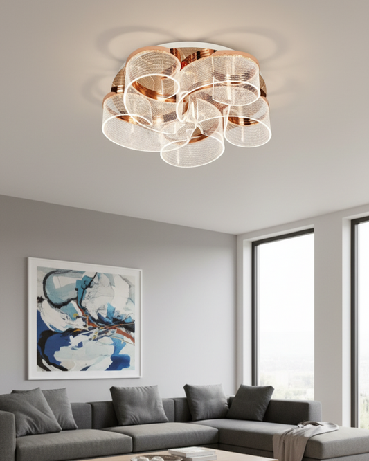 Swanart modern LED ceiling light with crystal accents, rose gold finish, 3 color change modes, decorative flush mount chandelier for home.