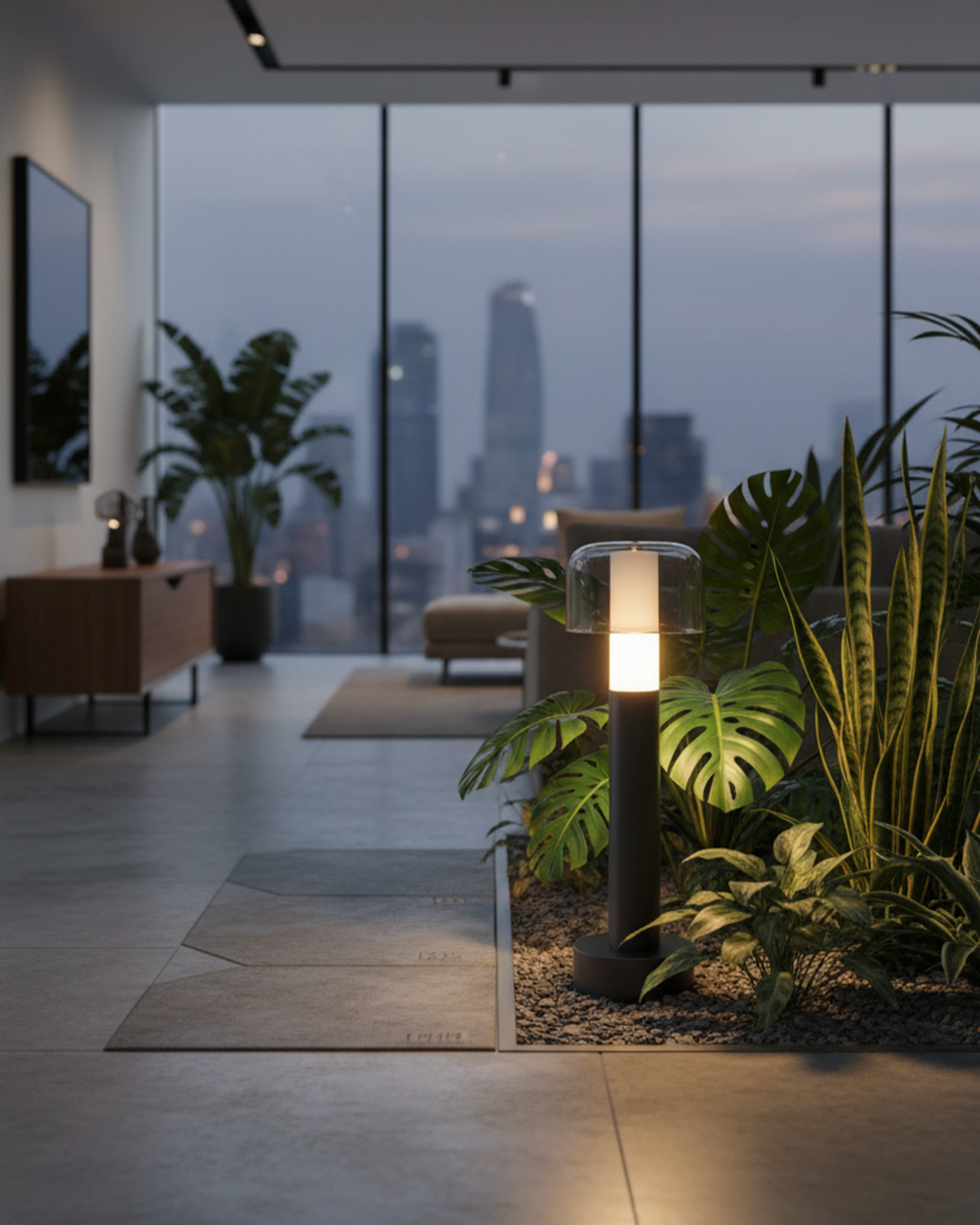 Swanart modern outdoor bollard light in black finish with warm white LED illumination for garden pathway and landscape lighting.