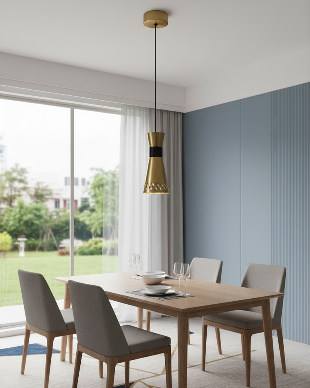 Swanart modern pendant light with gold and black metal finish hanging from ceiling, suitable for kitchen, dining, or living room.