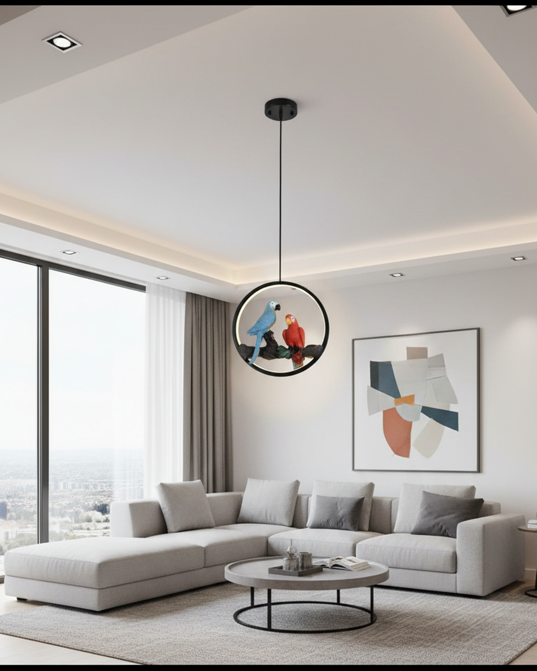 Swanart parrot LED pendant light with circular ring design, hanging ceiling lamp featuring a decorative bird motif for living room or bedroom