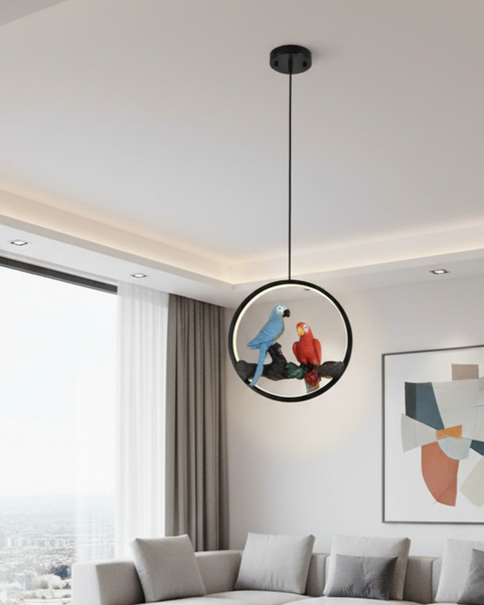 Swanart Parrot LED pendant light with circular ring design, decorative bird-shaped chandelier for living room or bedroom decor.