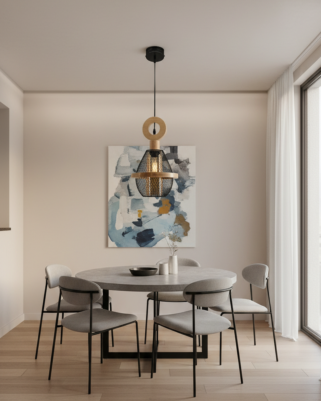 Swanart Modern Wooden Mesh Pendant Light, Decorative Hanging Light with Black Metal Cage Shade, Contemporary Ceiling Lamp for Dining Room, Living Room, Kitchen Island & Café Décor
