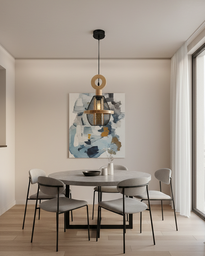 Swanart Modern Wooden Mesh Pendant Light, Decorative Hanging Light with Black Metal Cage Shade, Contemporary Ceiling Lamp for Dining Room, Living Room, Kitchen Island & Café Décor