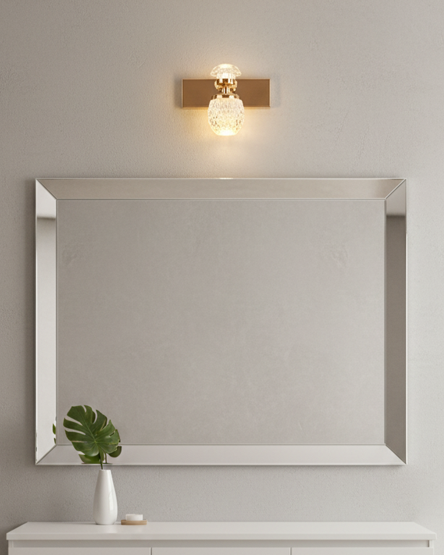 Swanart Rose Gold Crystal Wall Sconce with diamond cut glass shade, modern LED, dimmable, energy-efficient wall light for living or bedroom