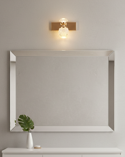 Swanart Rose Gold Crystal Wall Sconce with diamond cut glass shade, modern LED, dimmable, energy-efficient wall light for living or bedroom