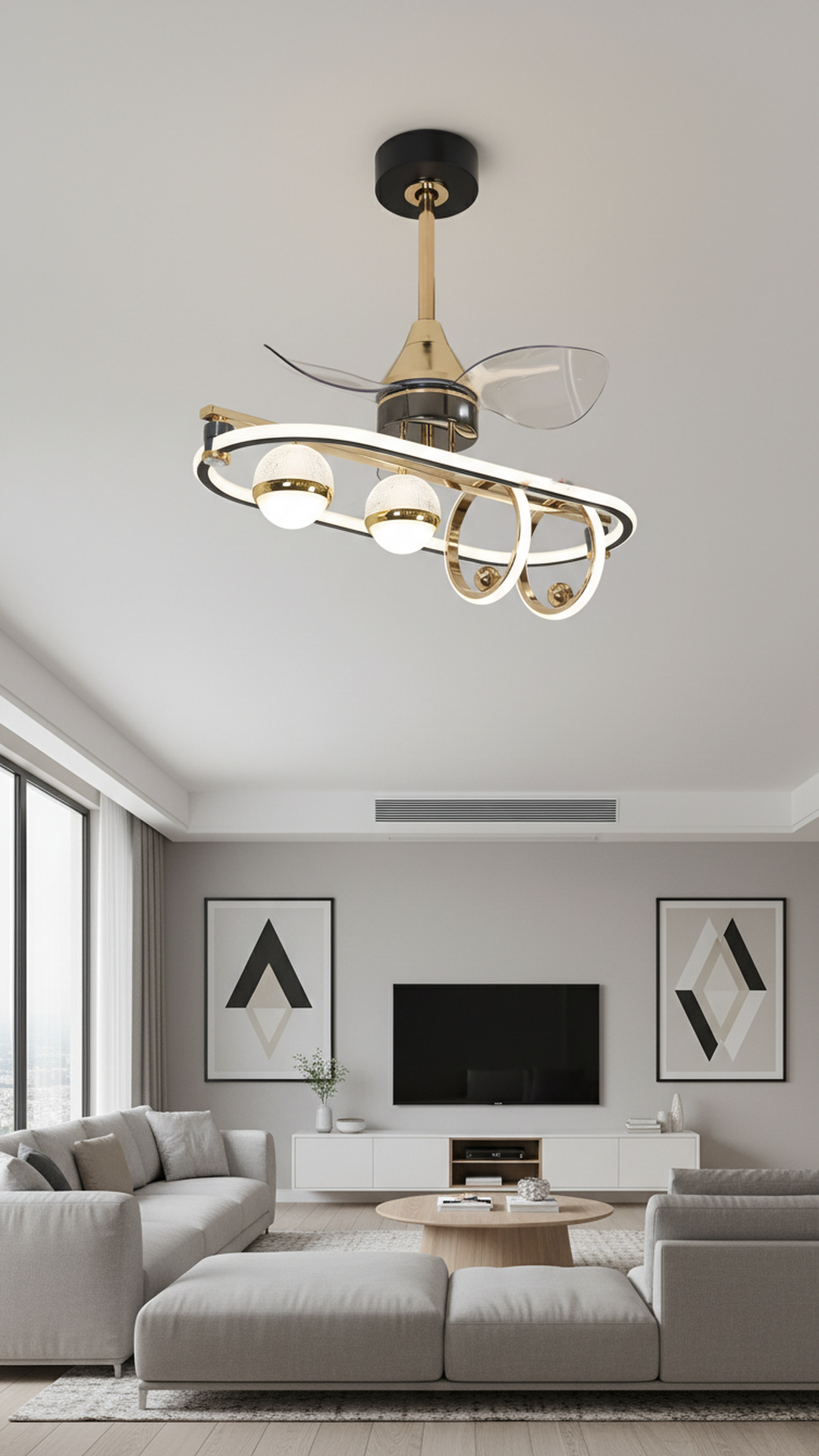 Swanart modern LED ceiling fan with gold chandelier design, three blades, decorative ring light, flush mount for living room or bedroom