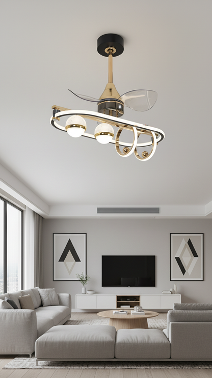 Swanart modern LED ceiling fan with gold chandelier design, three blades, decorative ring light, flush mount for living room or bedroom