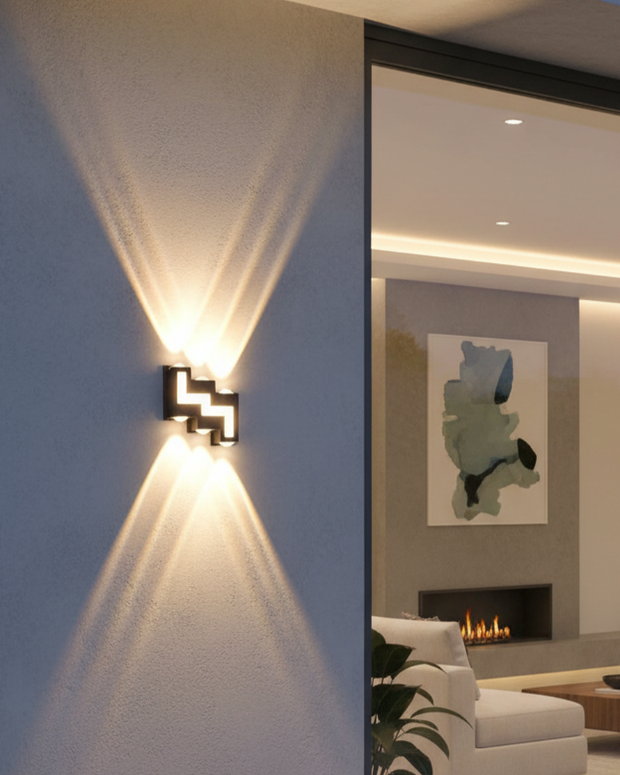 Swanart modern outdoor wall light in black finish, waterproof LED up and down sconce for garden, porch, patio, and exterior lighting.