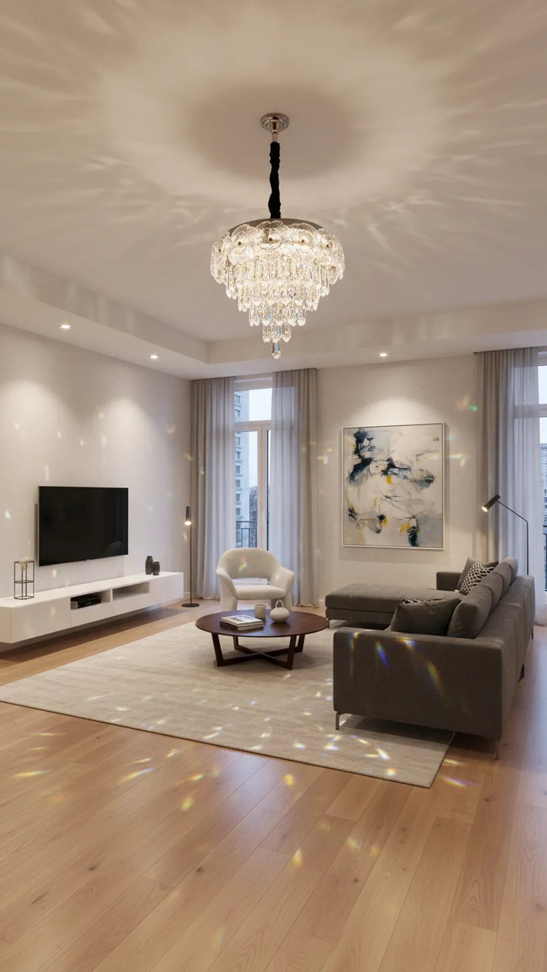 Elegant Swanart modern crystal flower chandelier with hanging LED lights, decorative glass crystal pendant for living, dining, or bedroom.