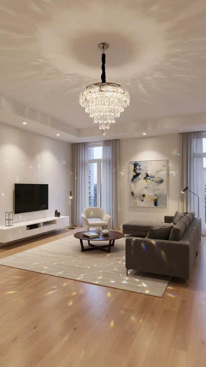 Elegant Swanart modern crystal flower chandelier with hanging LED lights, decorative glass crystal pendant for living, dining, or bedroom.
