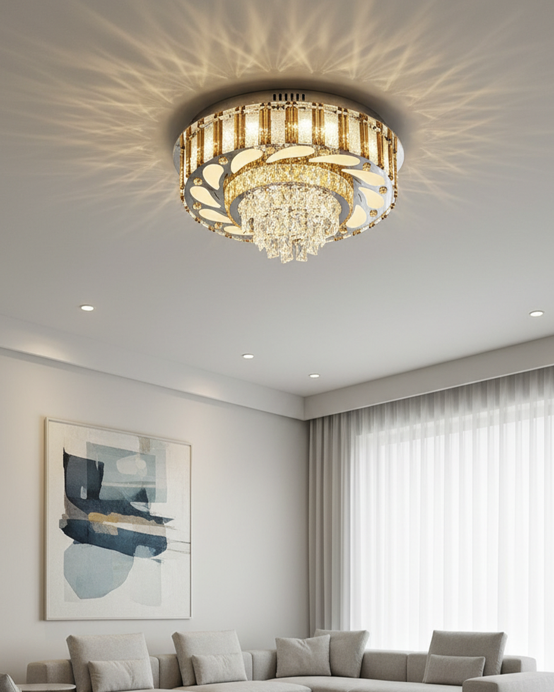 Swanart golden crystal chandelier with intricate design and sparkling crystals hanging from a luxurious frame.