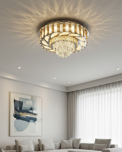 Swanart golden crystal chandelier with intricate design and sparkling crystals hanging from a luxurious frame.