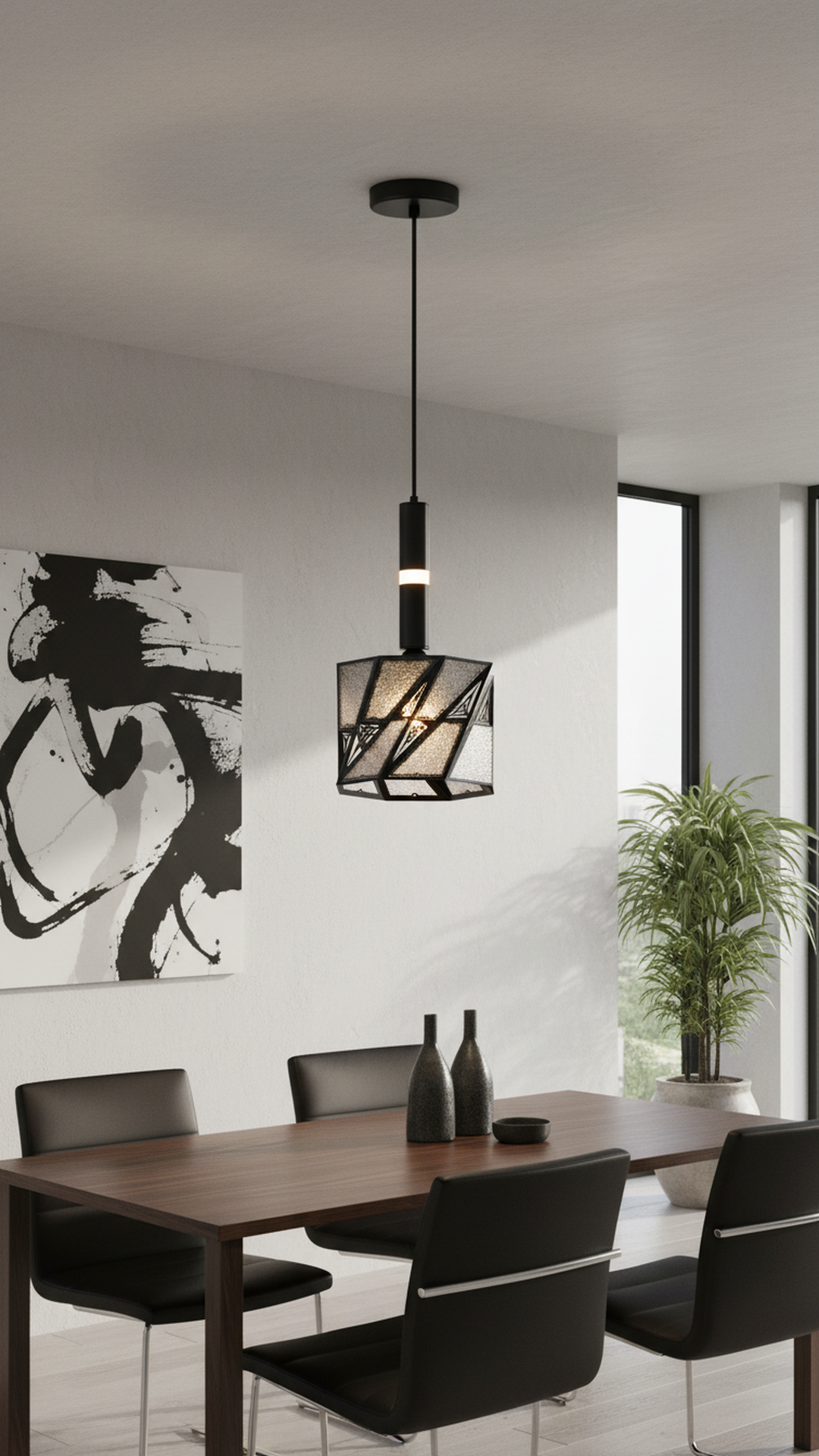 Swanart modern black geometric pendant light with textured glass shade hanging in a contemporary dining room setting