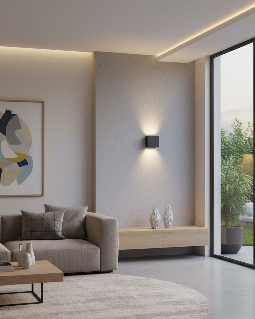 Swanart modern black LED wall sconce with up and down lighting, waterproof indoor outdoor decorative light fixture for living rooms and hallways.