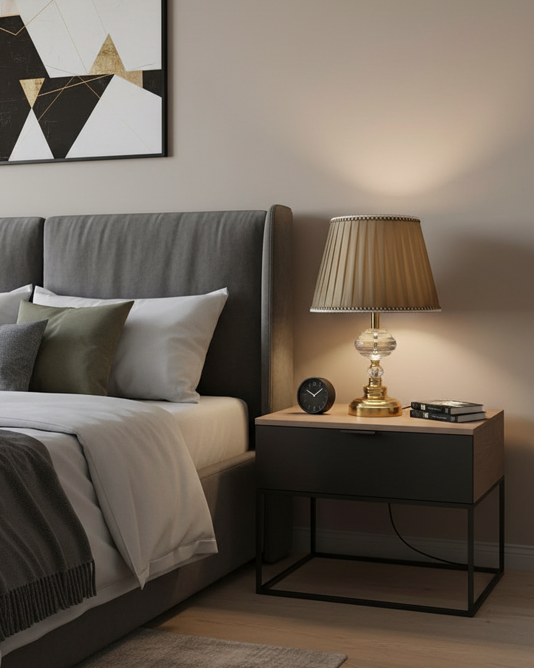 Swanart luxury crystal bedside table lamp with pleated fabric shade and warm ambient light, modern night lamp for bedroom or living room.