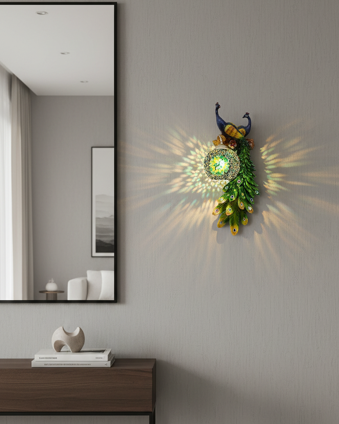 Swanart peacock wall light LED decorative sconce with artistic bird design, warm ambient glow for living room, bedroom, or hallway decor.