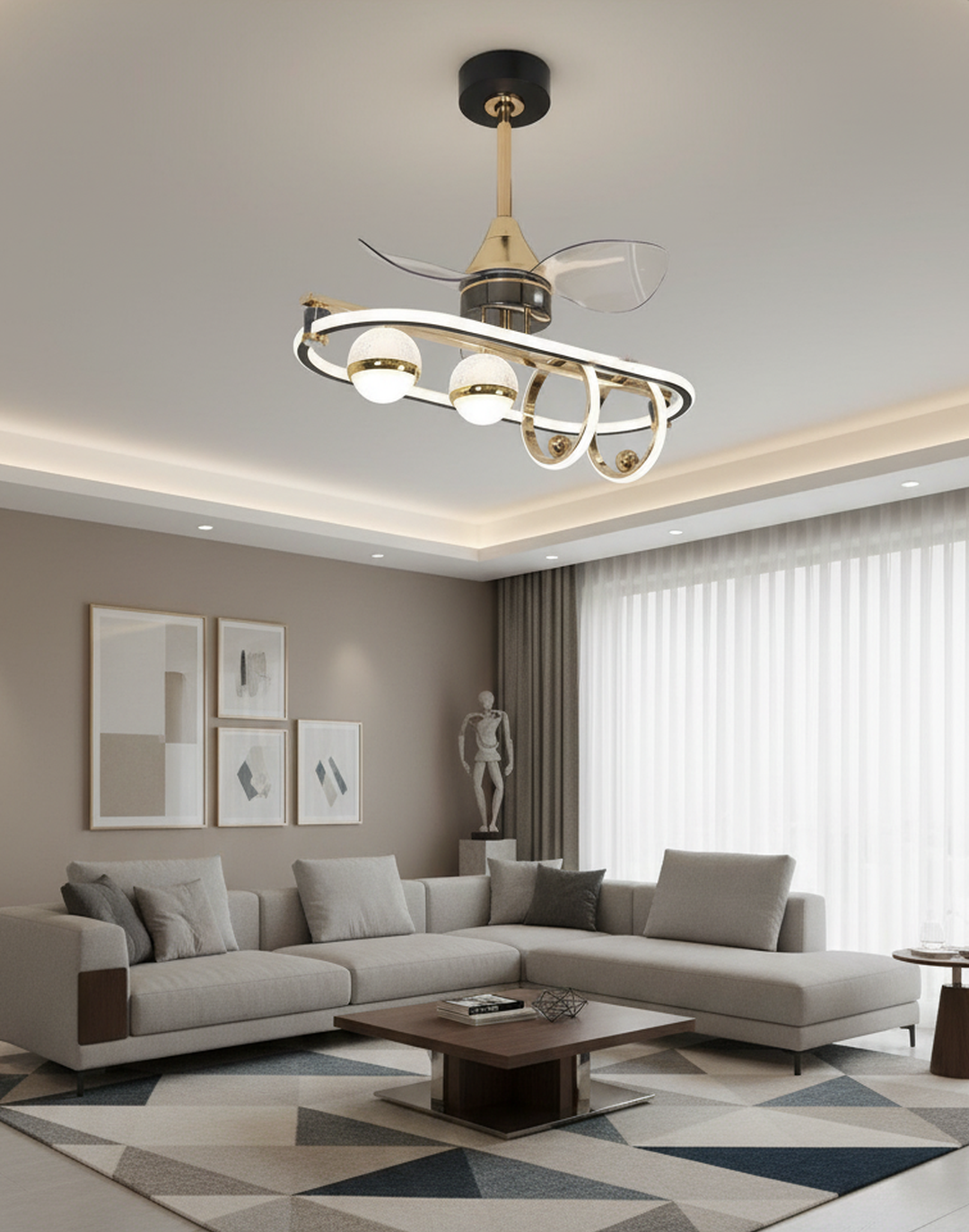 Swanart modern LED ceiling fan with gold designer chandelier design, three blades, decorative ring light, flush mount for living room