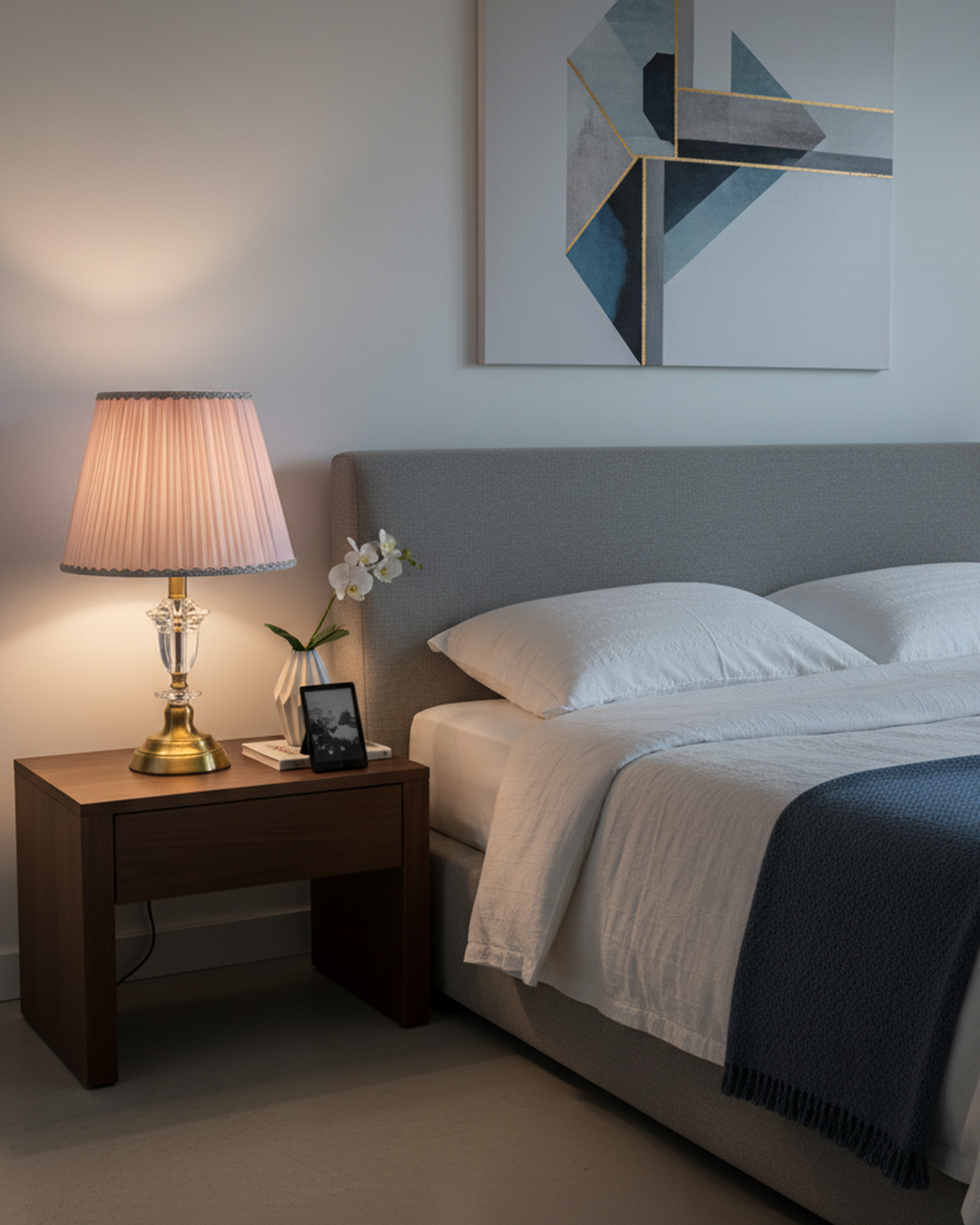 Swanart modern crystal table lamp with gold base, fabric shade, warm ambient lighting, suitable for bedroom or living room décor.
