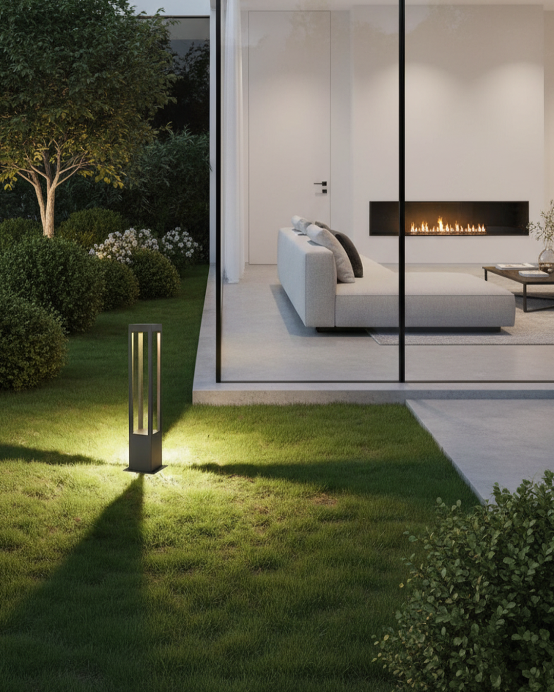 Swanart modern outdoor bollard light with waterproof LED, warm white glow, aluminum yard fixture for garden, patio, and walkway lighting