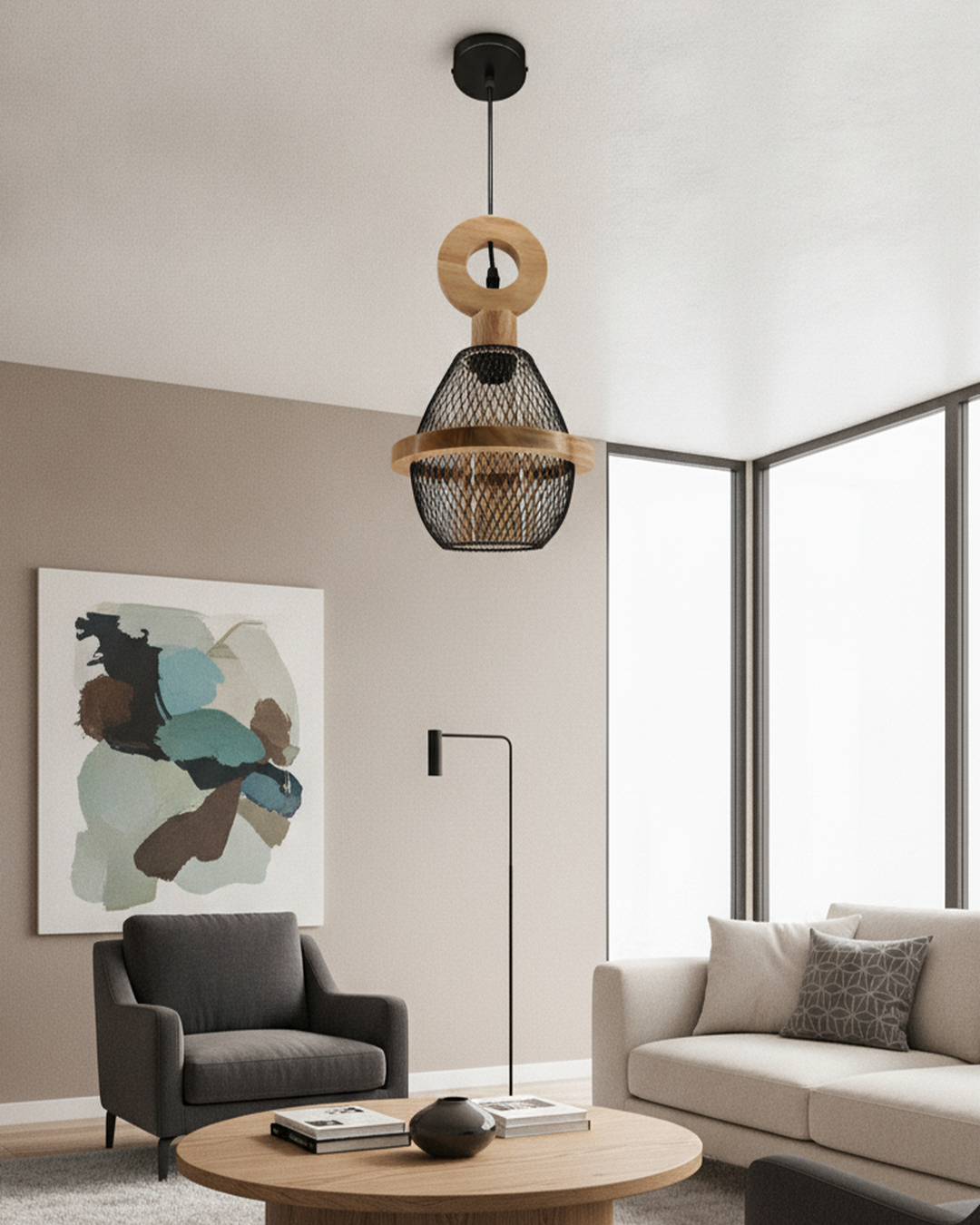 Swanart Modern Wooden Mesh Pendant Light, Decorative Hanging Light with Black Metal Cage Shade, Contemporary Ceiling Lamp for Dining Room, Living Room, Kitchen Island & Café Décor