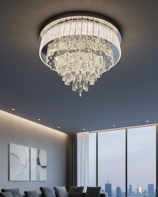 Swanart Luxury 60cm Flush Mount Crystal Chandelier, 3-Tier Modern Ceiling Light Fixture with K9 Crystals, Elegant Living Room Lighting