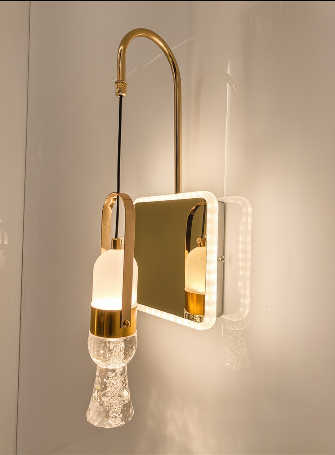 Swanart Modern Crystal Wall Sconce with LED Mirror - Elegant Bathroom Vanity Light Fixture with Gold Finish & Crystal Shade - Swanart