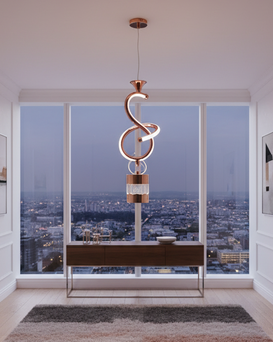 Swanart modern rose gold spiral pendant light with crystal accents, adjustable height LED hanging lamp for dining, living, or bedroom.