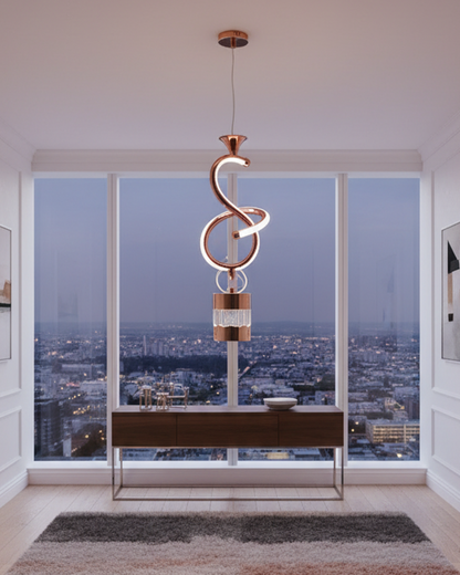 Swanart modern rose gold spiral pendant light with crystal accents, adjustable height LED hanging lamp for dining, living, or bedroom.