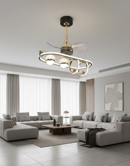 Swanart modern LED ceiling fan with gold finish, three blades, decorative ring light, flush mount design for living room or bedroom
