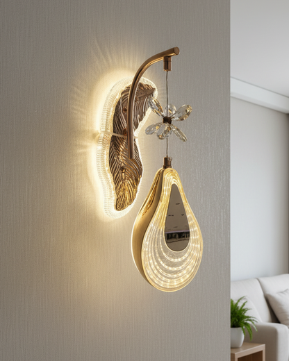 Swanart luxury gold leaf wall light with crystal flower accent, modern LED sconce, elegant glass drop design for living room or bedroom.