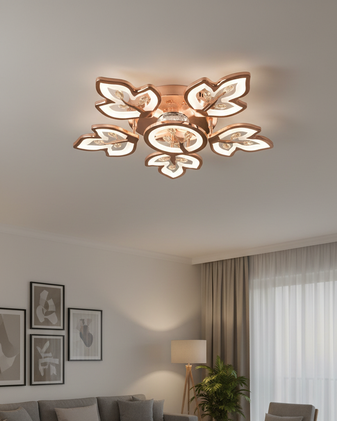 Swanart LumiLeaf Crystal Chandelier: Modern Rose Gold Ceiling Light with Dimmable 3-Color LEDs, Remote Control, Elegant Leaf Design for Dining Room, Living Room, Bedroom, Hallway - Swanart
