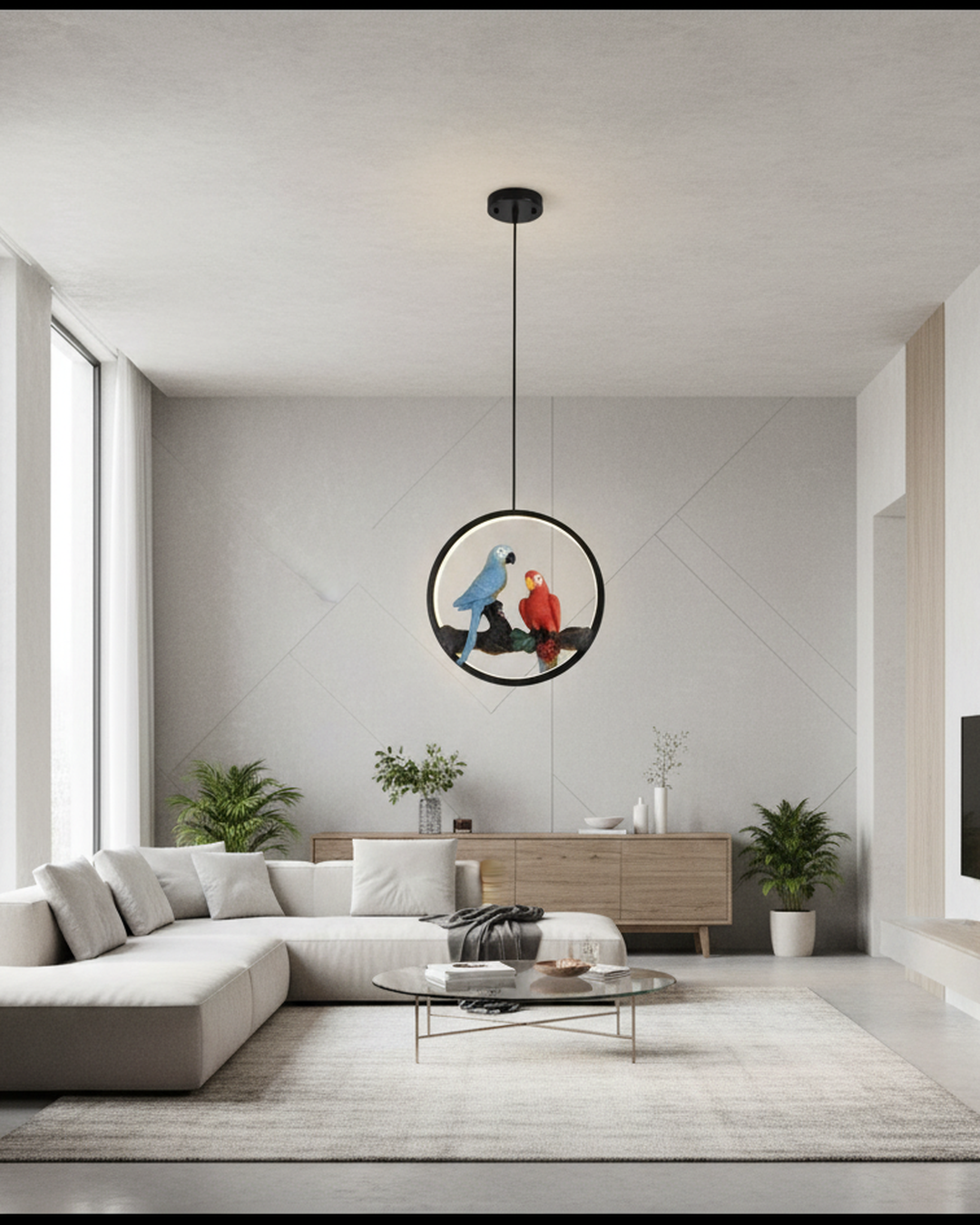 Swanart Parrot LED pendant light with circular ring design, modern bird-shaped chandelier for living room or bedroom decor.