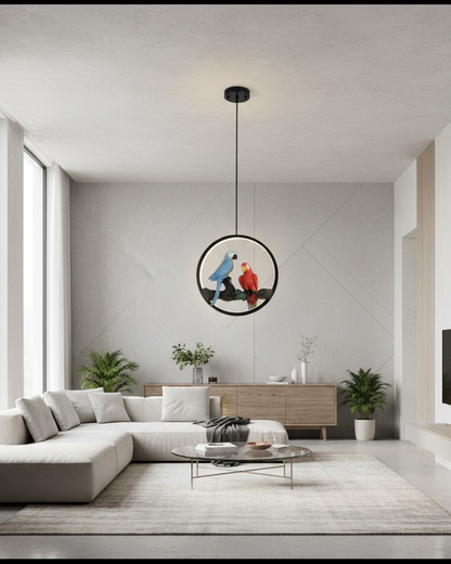 Swanart Parrot LED pendant light with circular ring design, modern bird-shaped chandelier for living room or bedroom decor.