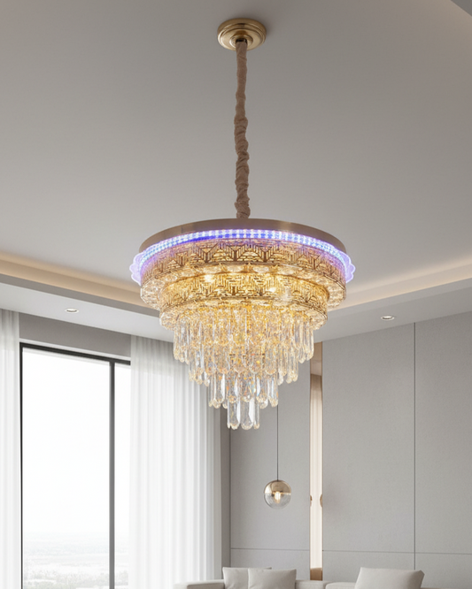 Swanart moving crystal chandelier with Bluetooth speaker, LED color-changing ring, modern pendant lamp for living room or bedroom decor.