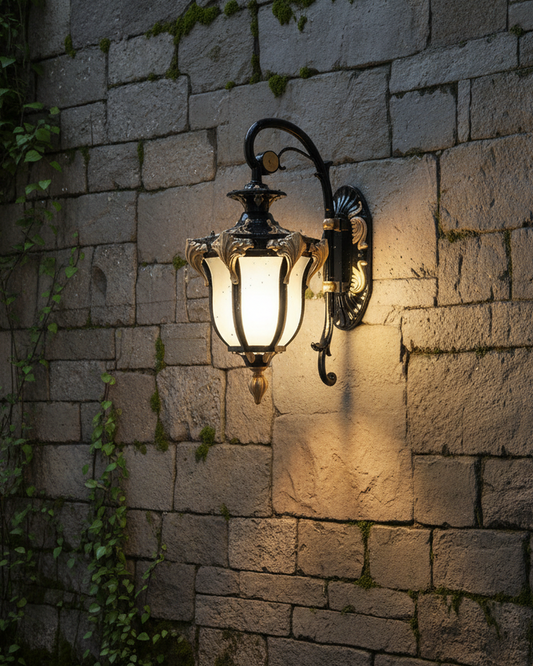 Swanart Antique Outdoor Wall Lantern, Vintage Black Gold Wall Light with Frosted Glass Shade, Decorative Gate Light, Balcony Light & Exterior Wall Lamp for Entrance, Porch and Home