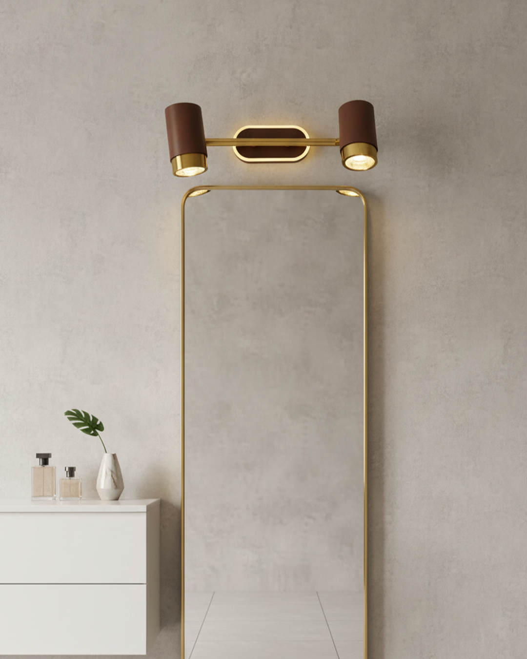 Swanart modern LED wall light with dual adjustable heads in gold and brown finish, ideal for bedroom or bathroom vanity lighting.