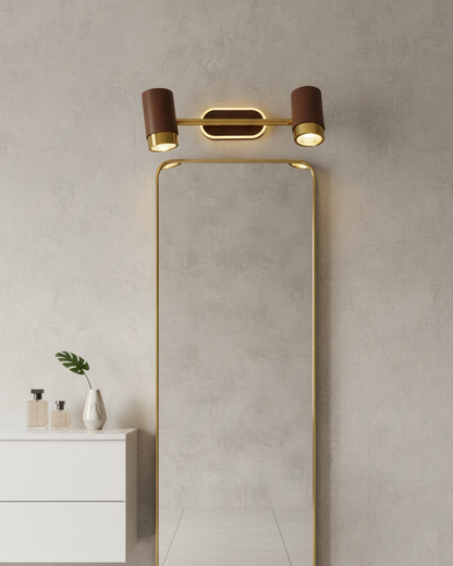 Swanart modern LED wall light with dual adjustable heads in gold and brown finish, ideal for bedroom or bathroom vanity lighting.