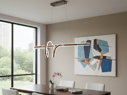 Swanart modern LED wave pendant chandelier hanging above a dining table, artistic contemporary lighting fixture in a stylish living space.