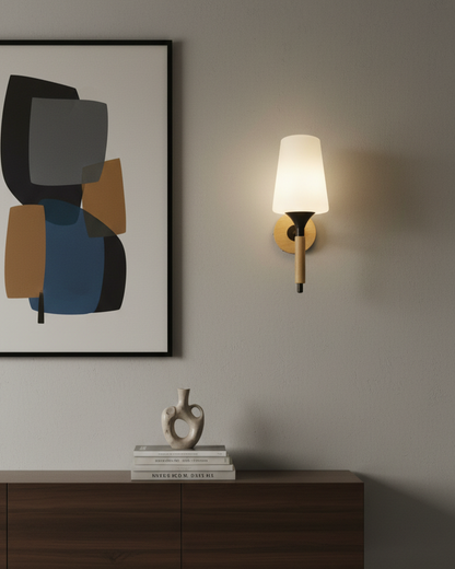 Swanart modern wooden wall light with frosted glass shade, minimalist wall sconce for warm ambient lighting in bedroom or living room.