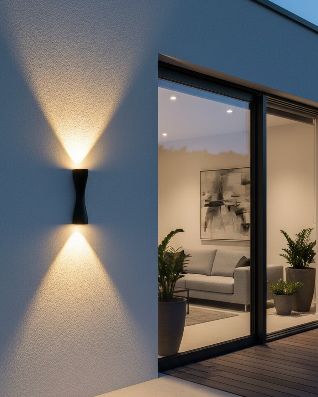 Swanart modern outdoor LED wall sconce with black aluminum finish, up and down lighting for balcony, porch, or garden exterior.